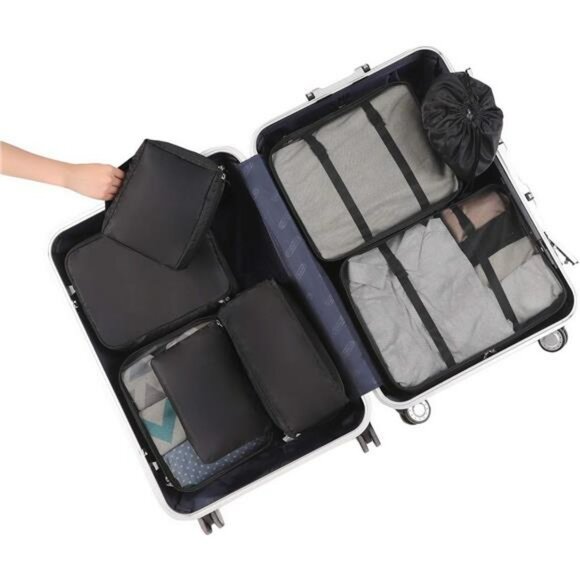 Packing Cubes 8 Set Travel Luggage Organizers Lightweight Mesh Black Bags - Picture 7 of 8